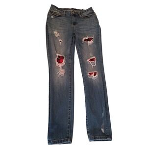 Judy Blue Los Angeles Distressed Skinny Jeans Red Buffalo Plaid Patch Size 7/28